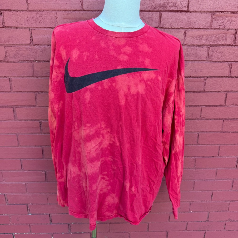 Vintage Nike Shirt Mens Size‎ XXL Red Tie Dye Black Swoosh Long Sleeve Bleached